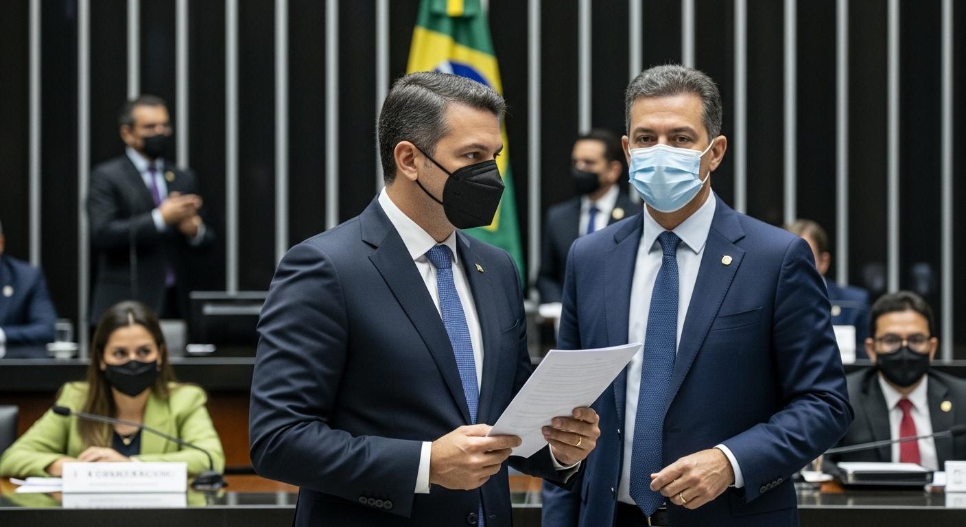 Brazilian courtroom scene with justice scales and symbols of governance, economy, and science.
