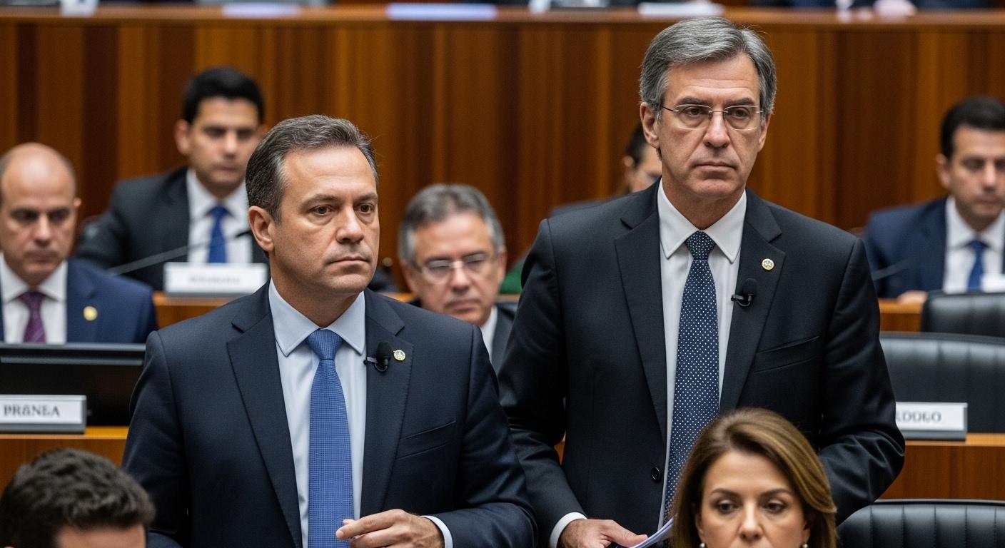 Brazilian courtroom scene with justice scales and symbols of governance, economy, and science.
