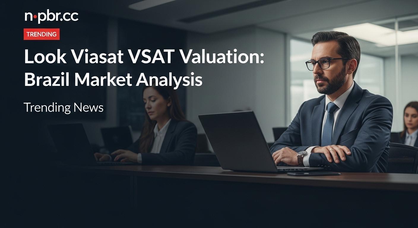 Editorial illustration of Viasat VSAT valuation context in Brazil with satellite dish and aviation icons
