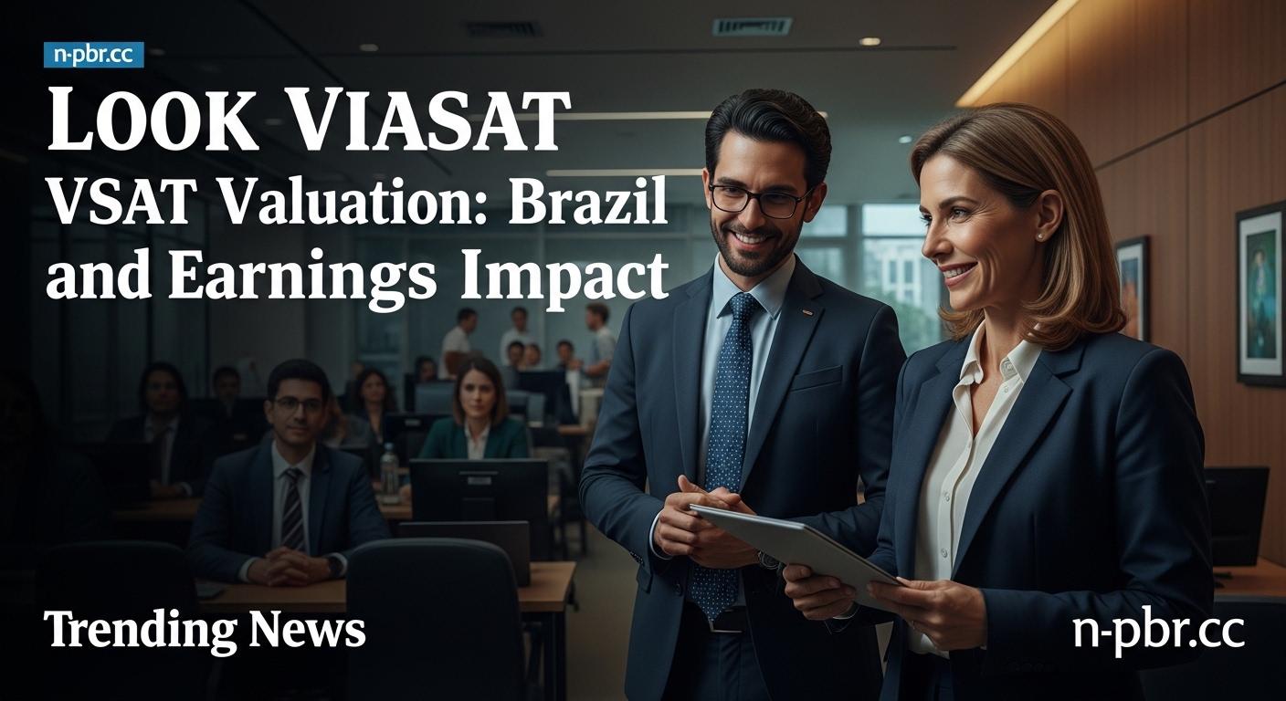 Analysts review a rising chart beside satellite equipment, representing Look Viasat VSAT Valuation discussions in Brazil