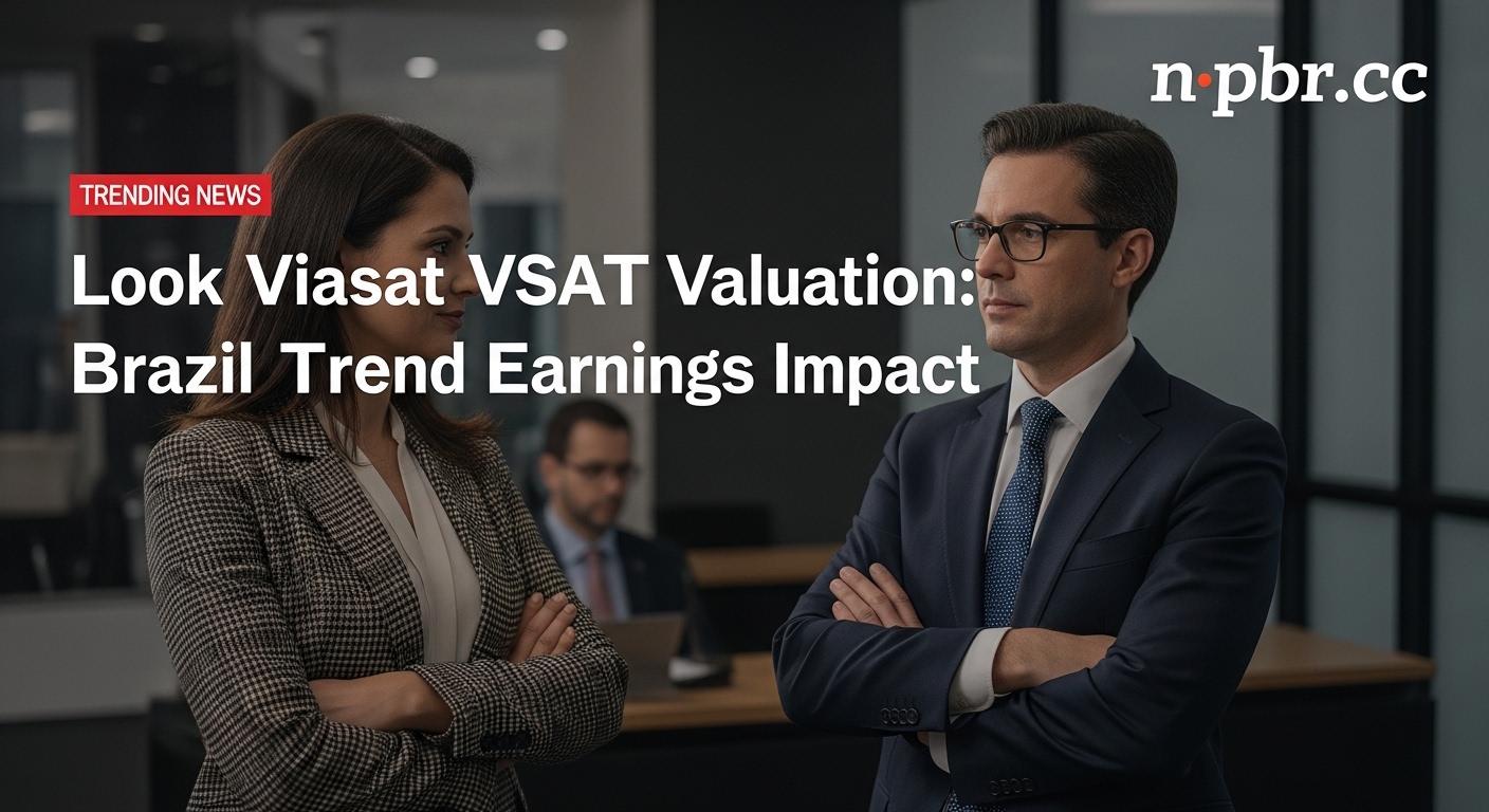 Viasat VSAT dish atop a Brazilian city skyline with valuation graphs.