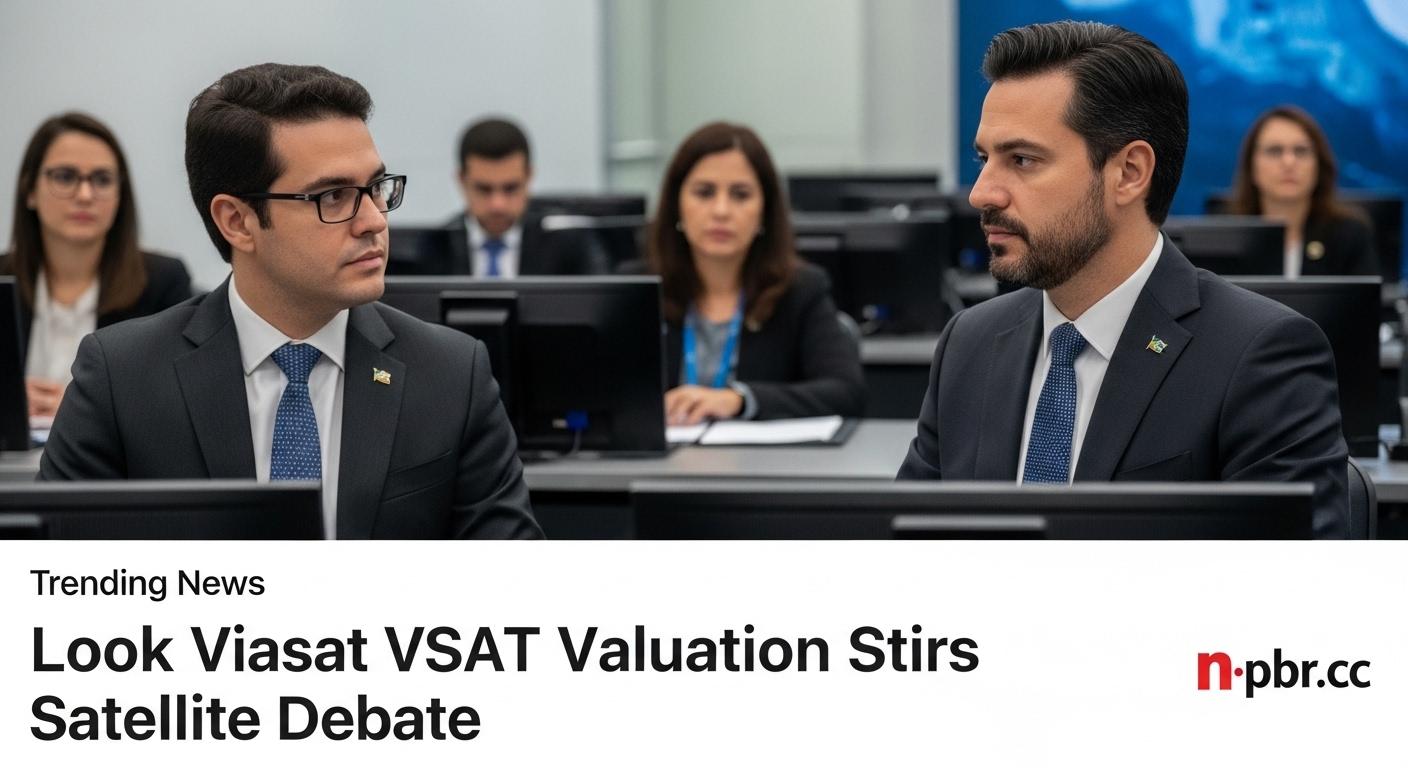 Brazilian investor analyzing VSAT valuation and satellite deals in a newsroom setting