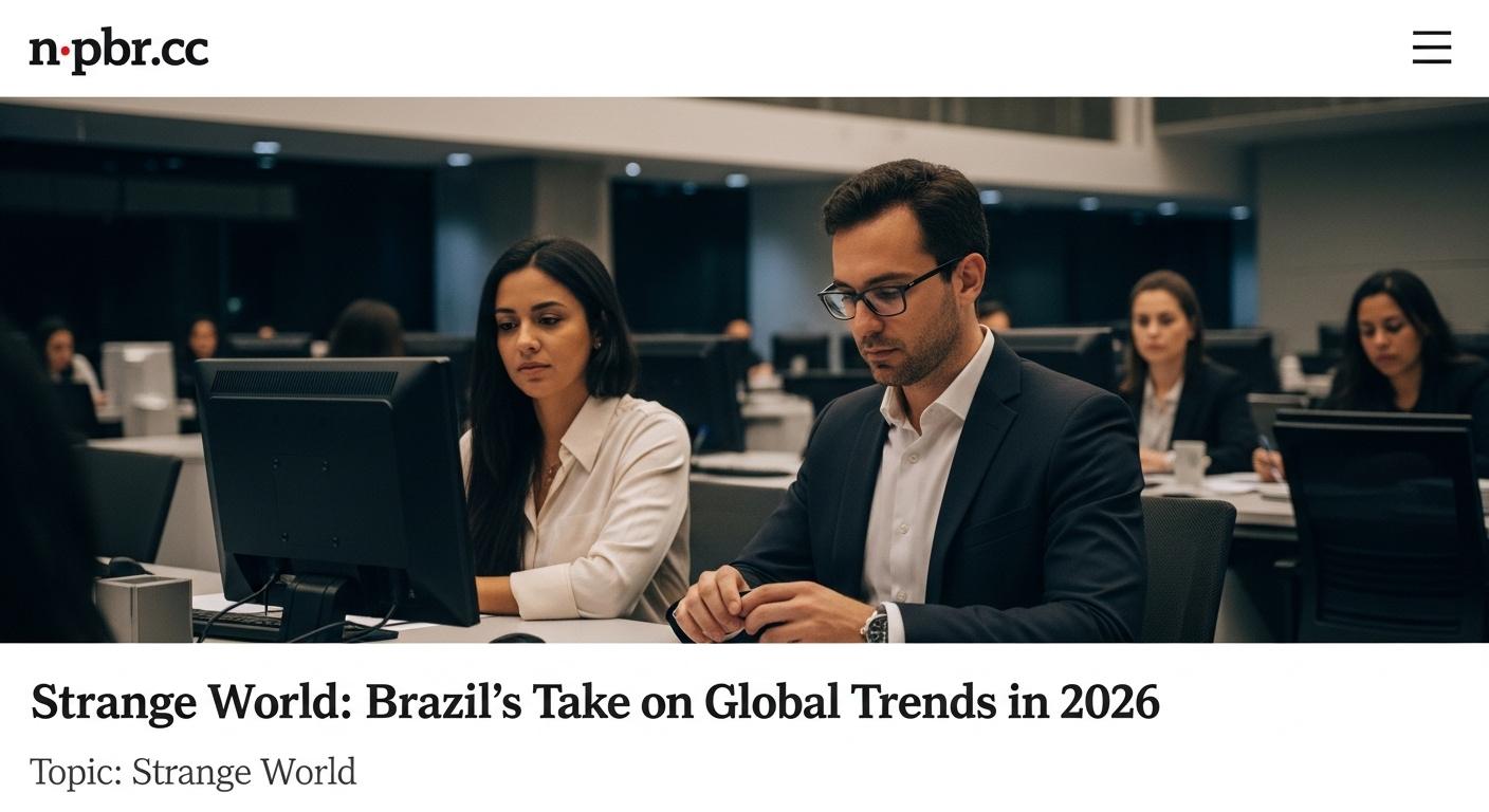 Editorial desk with Brazil map and global headlines for analysis piece on 'strange world'