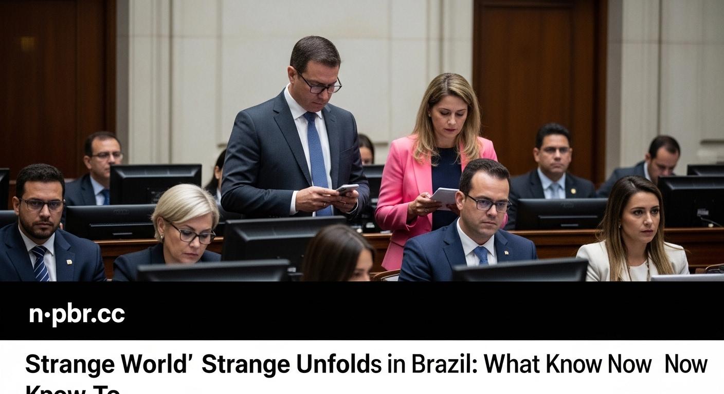 Surreal Brazilian cityscape with football imagery and the phrase strange world' signage