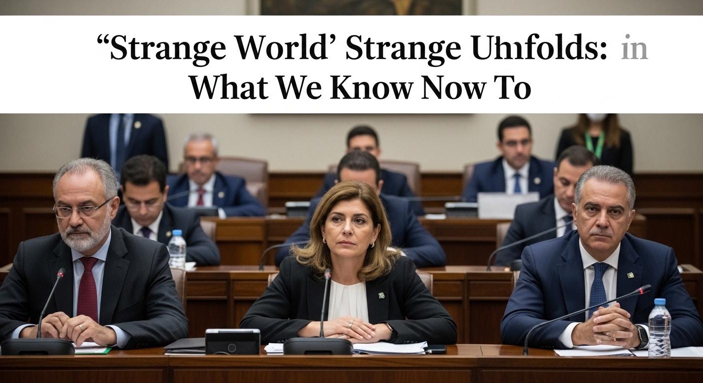 Surreal Brazilian cityscape with football imagery and the phrase strange world' signage