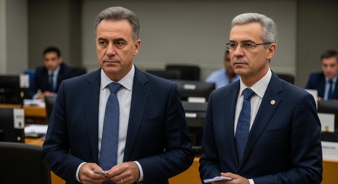 Dramatic dusk-lit stadium with a shadowy, world-weary vibe reflecting the 'strange world' of football's title race.